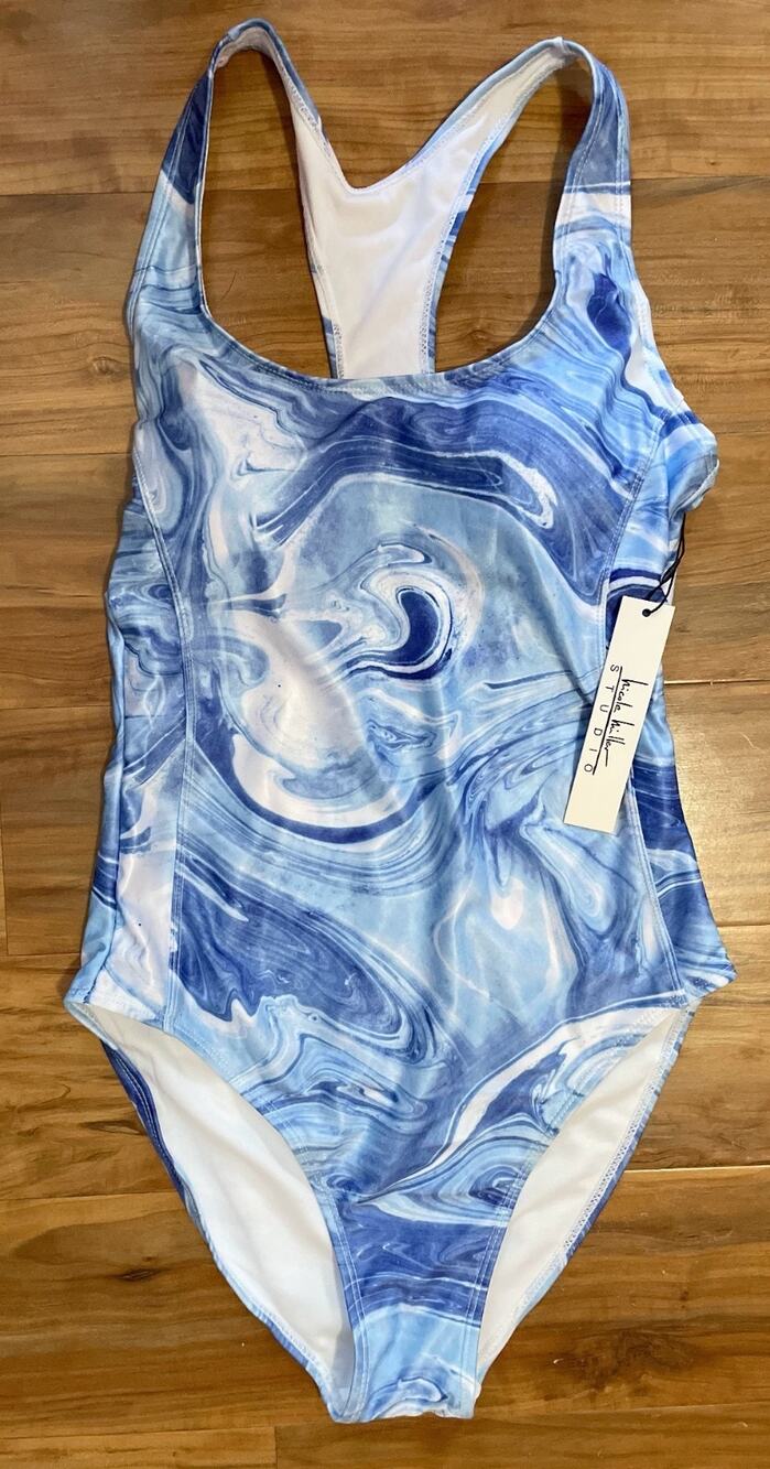 Nicole Miller Studio NWTs Blue Tropical Swirl Racer Back Swimsuit, Size M